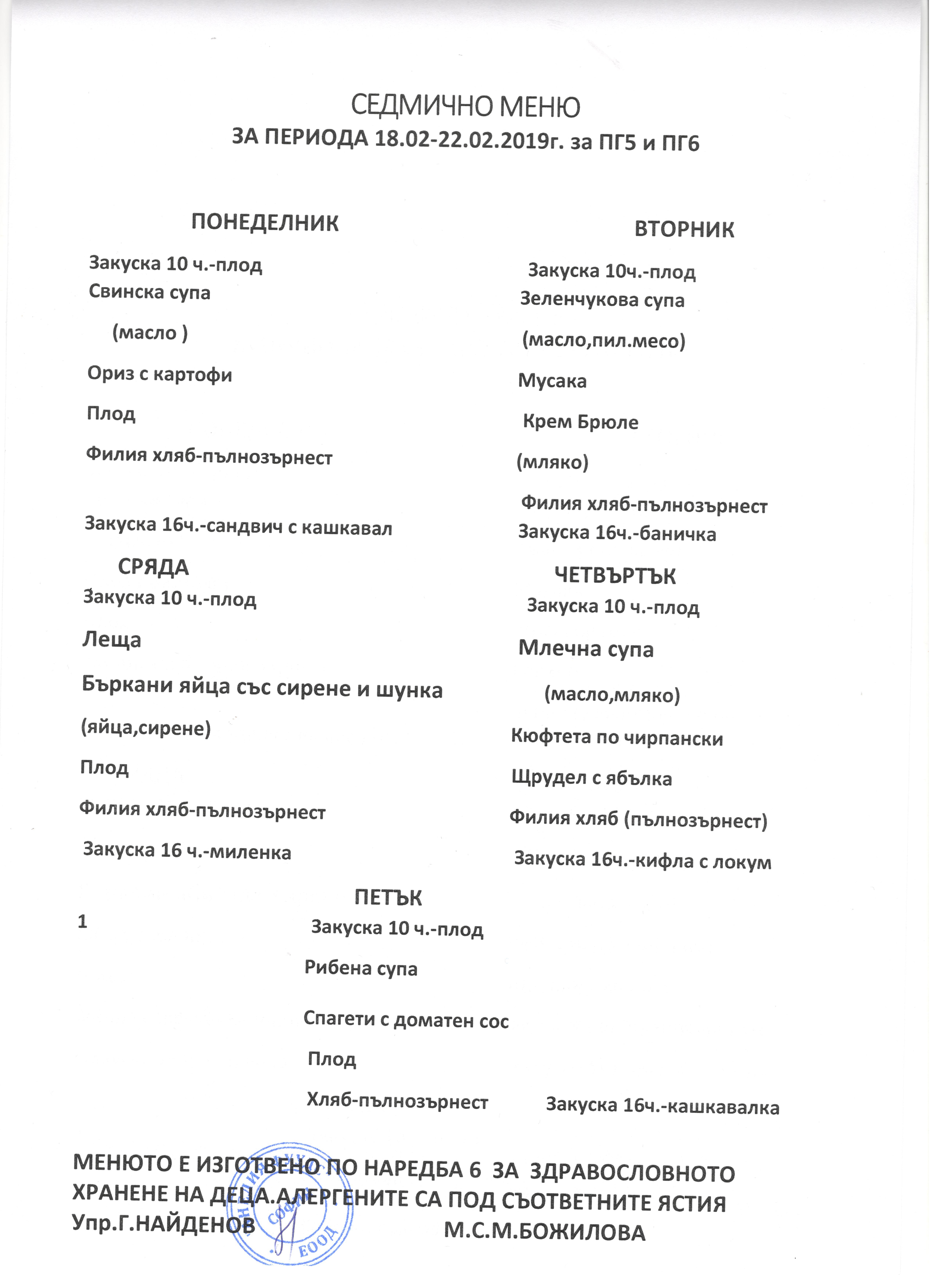 Седмично меню за 18.02.2019г. - 22.02.2019г. за ПГ5 и ПГ6