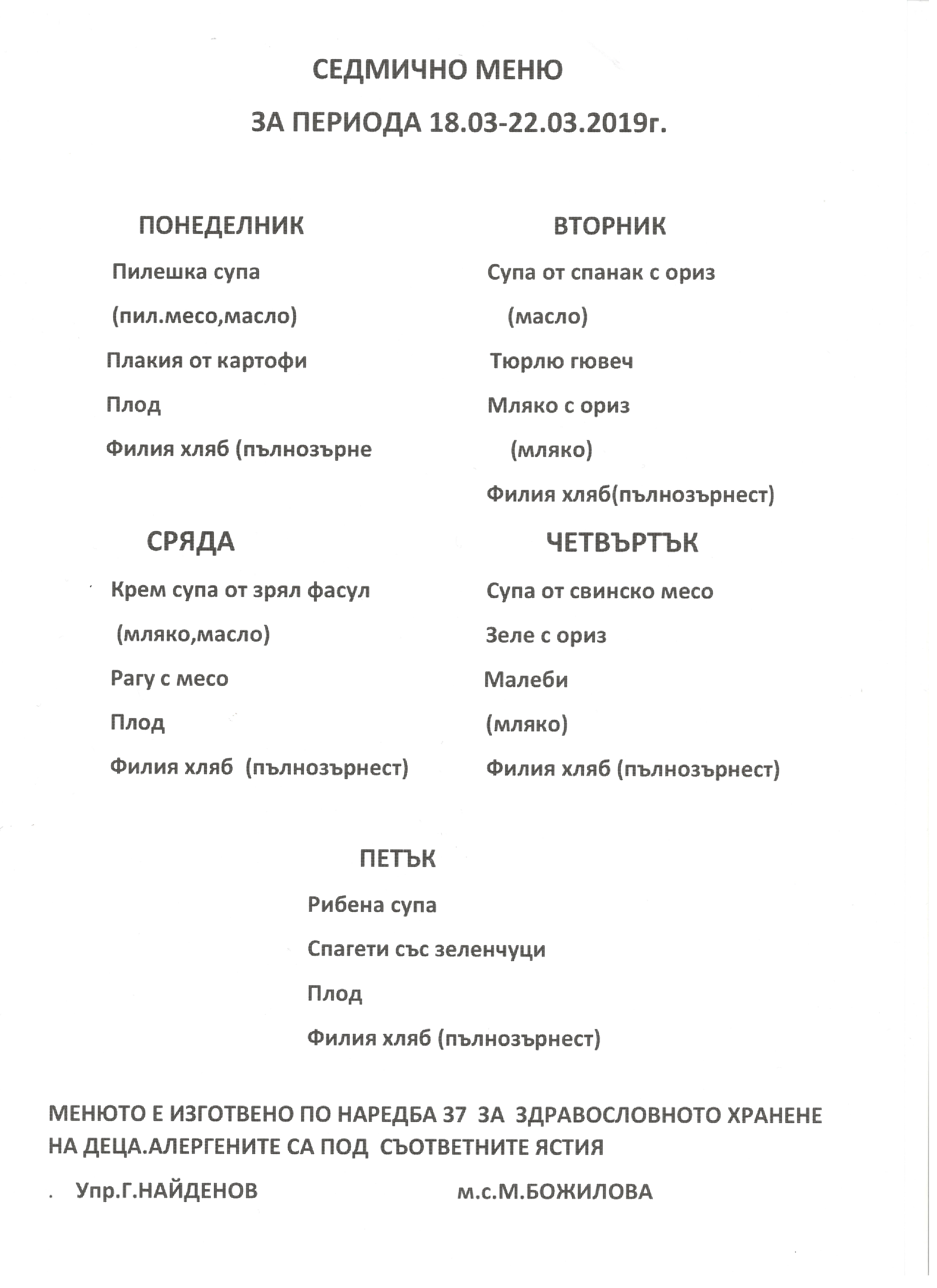 СЕДМИЧНО МЕНЮ ЗА ПЕРИОДА 18.03-22.03.2019г.