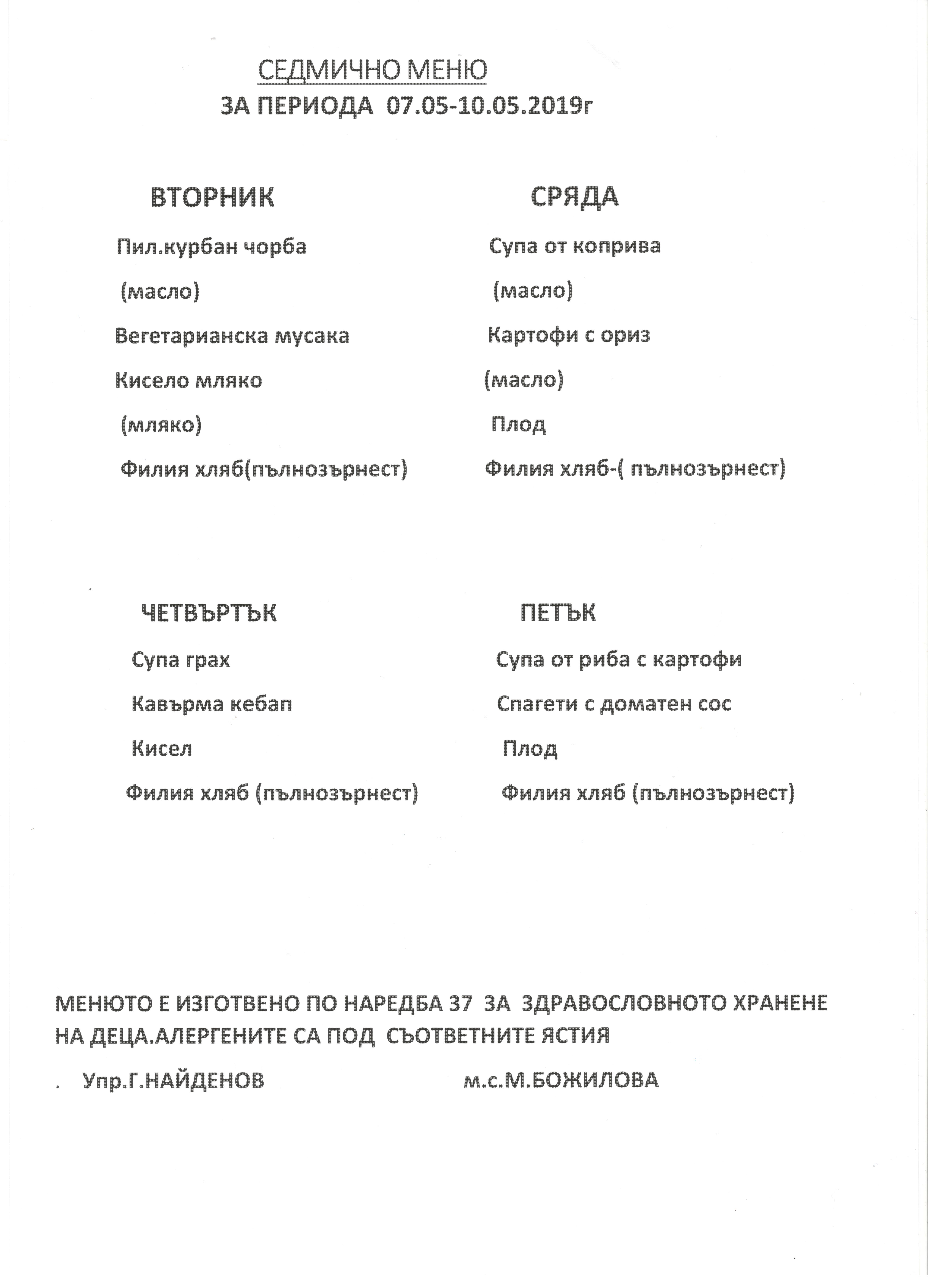 Седмично меню за 07.05.2019г. - 10.05.2019г.