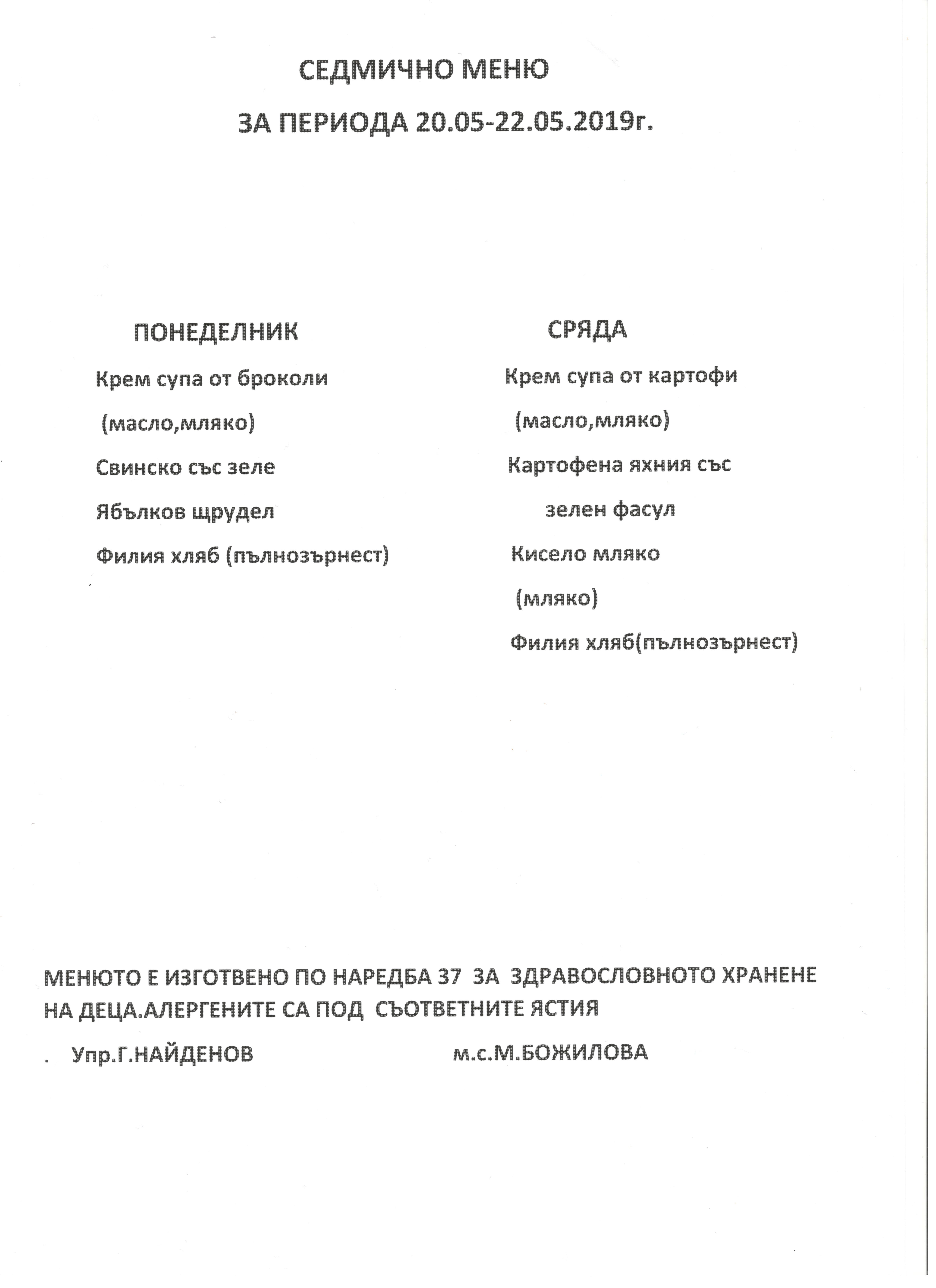 Седмично меню за 20.05.2019г. - 22.05.2019г.
