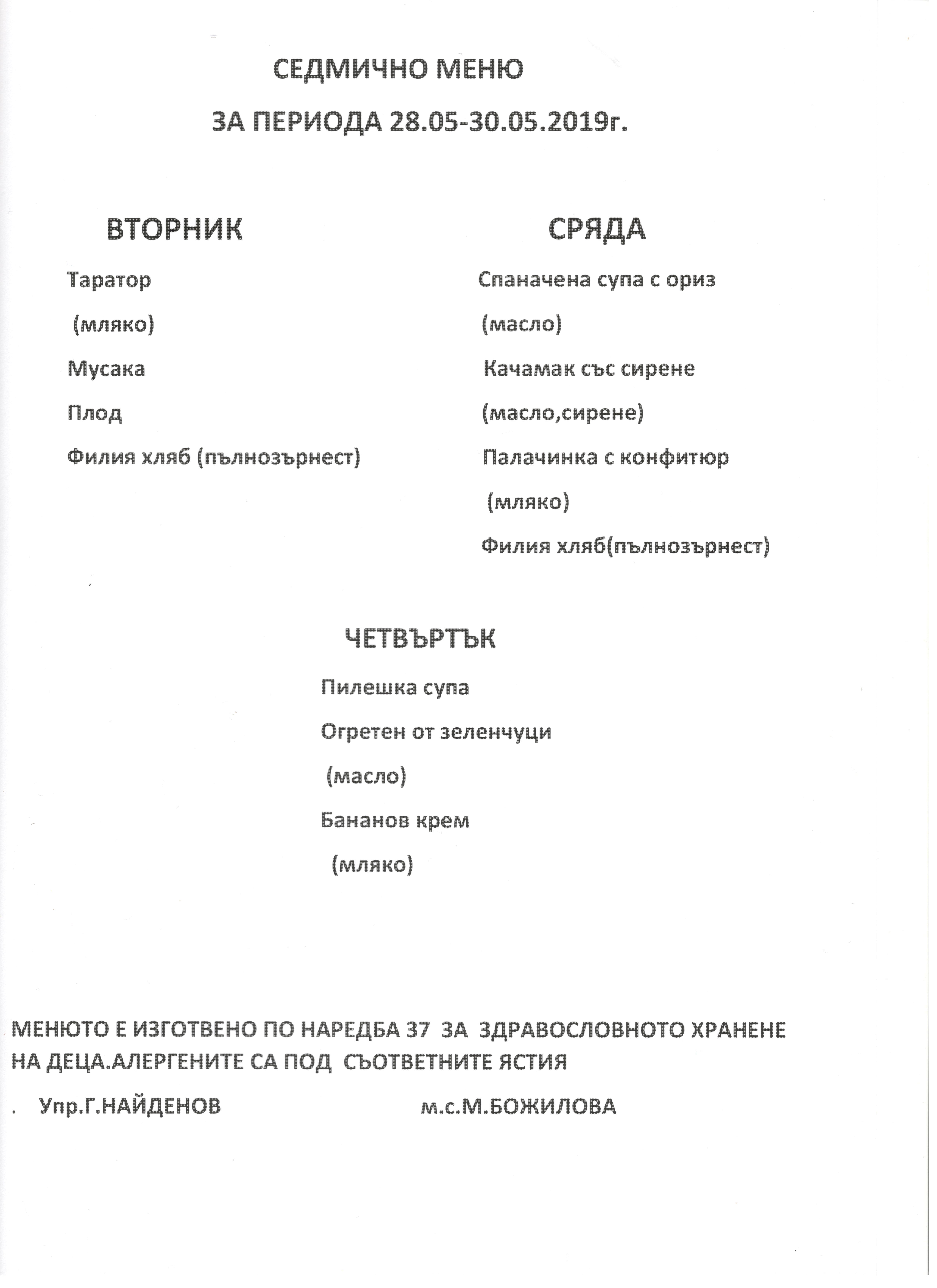 Седмично меню за 28.05.2019г. - 30.05.2019г. 